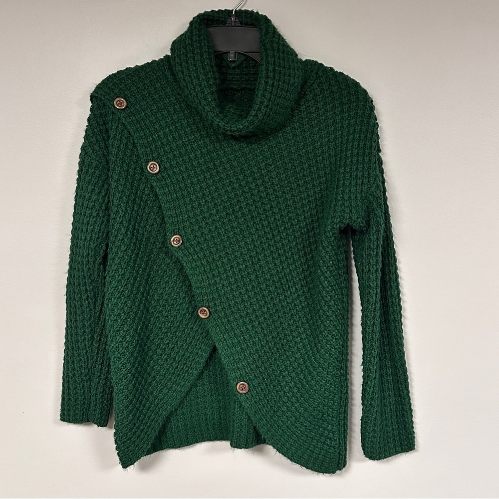 Girls’ Super Cute Green Cowl Neck acrylic Sweater with buttons , M/ L